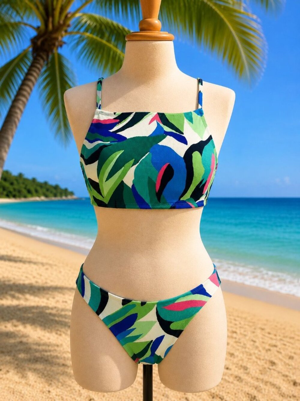 Shade & Shore SMALL 4-6 Tropical Print High Neck Bikini Top & Cheeky set NEW
